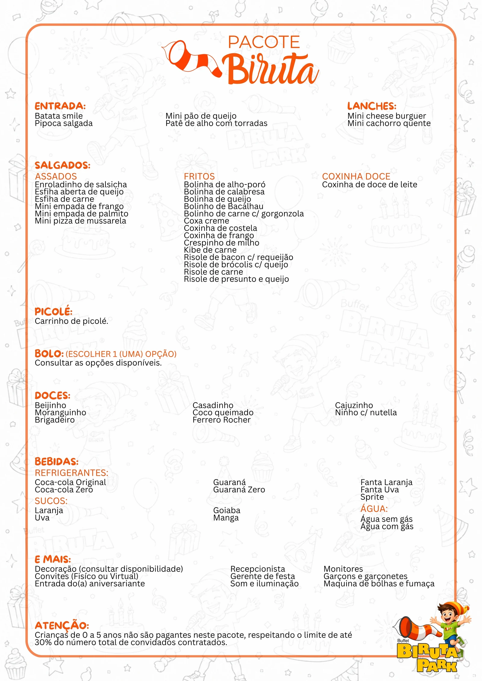 Cardápio completo do pacote Biruta