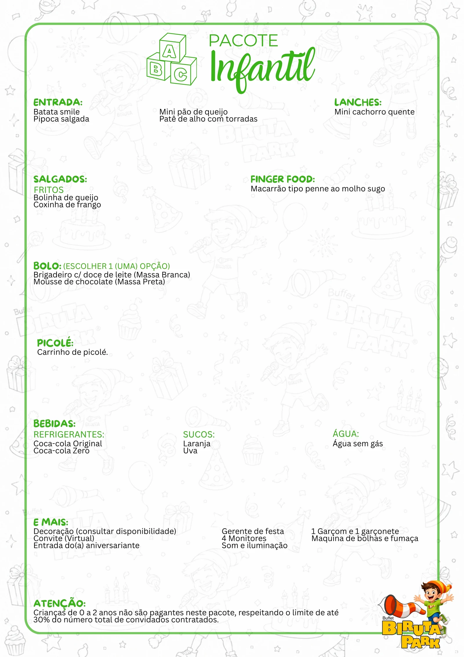 Cardápio completo do pacote Infantil