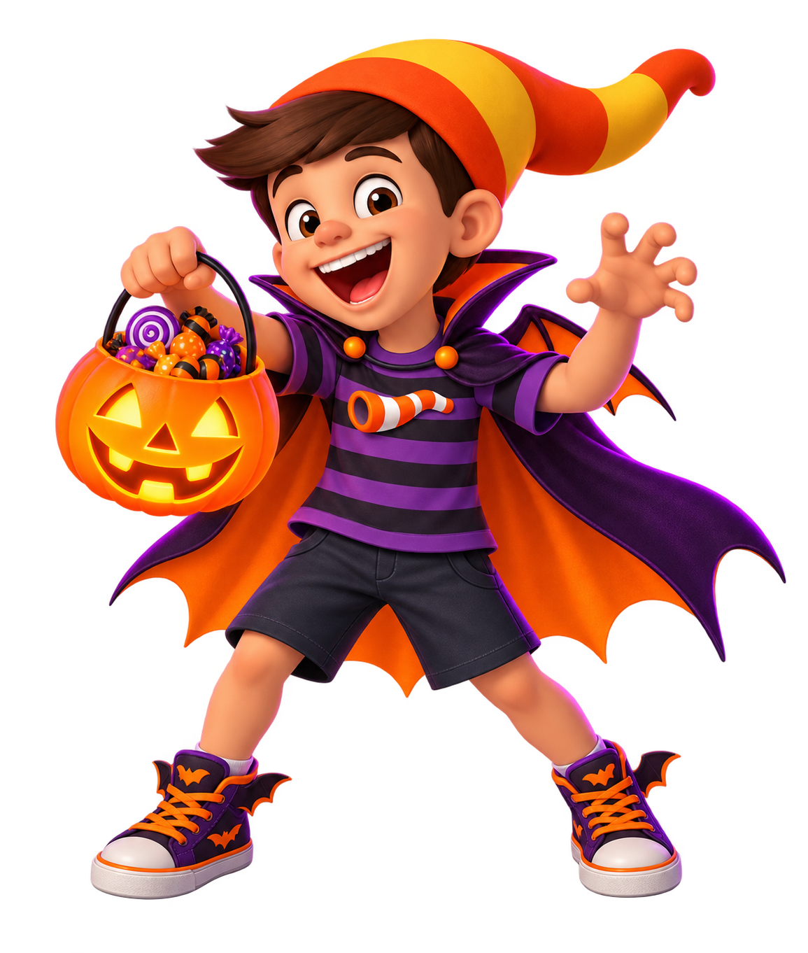Mascote Biruta fantasiado para o Halloween, segurando uma abóbora cheia de doces
